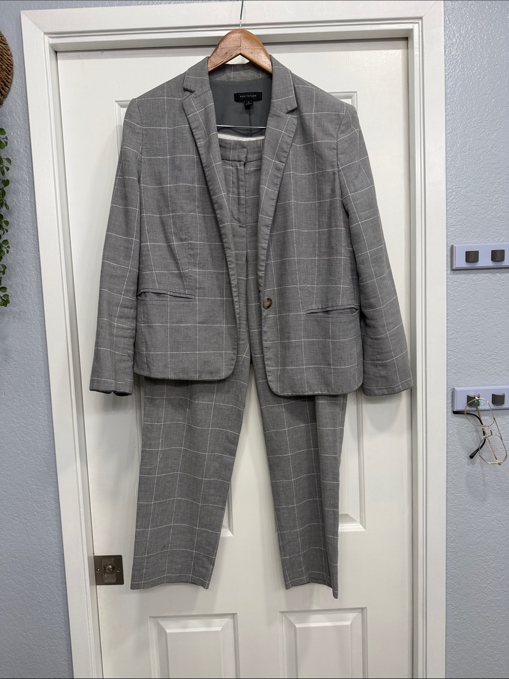 Anne Taylor Gray Windowpane Two-Piece Suit